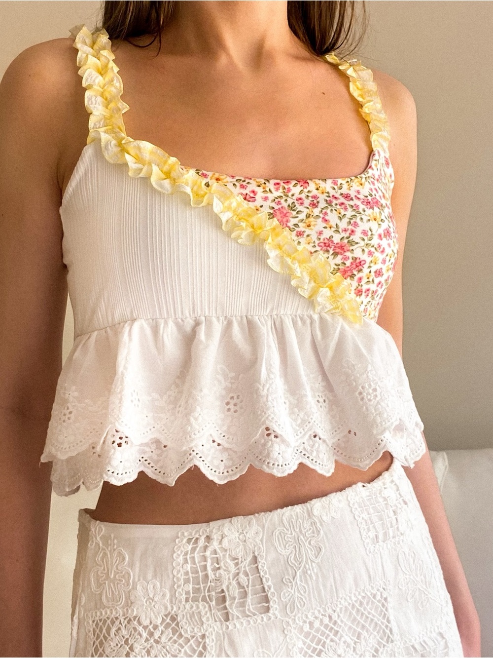 Handmade White and Yellow Floral Ruffle Peplum Crop Top